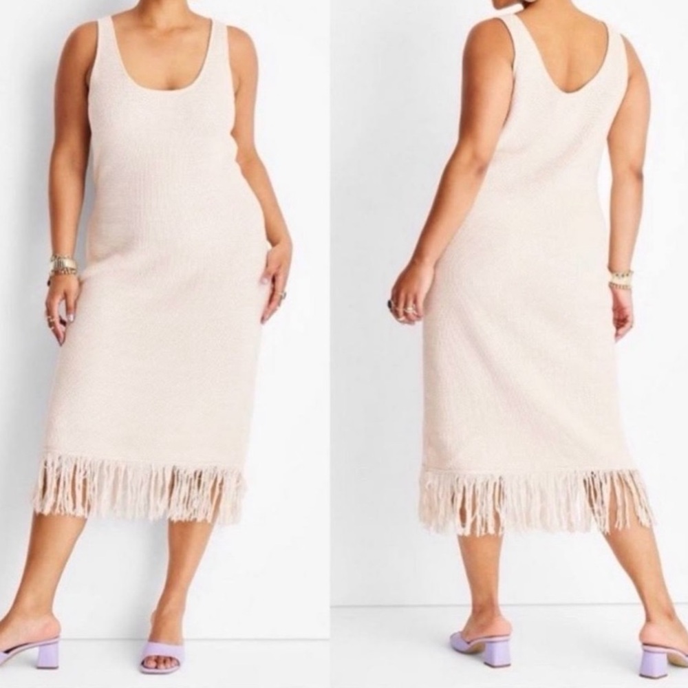 Future Collective Cream Knit Sleeveless boho dress with fringe hem